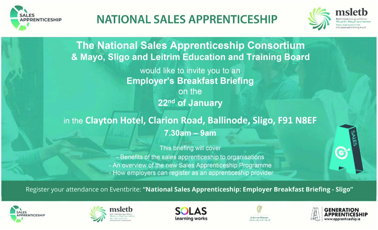 National Sales Apprenticeship Employer Breakfast Briefing, Sligo, Wednesday, 22 January 2020, 7:30 – 09:00 am