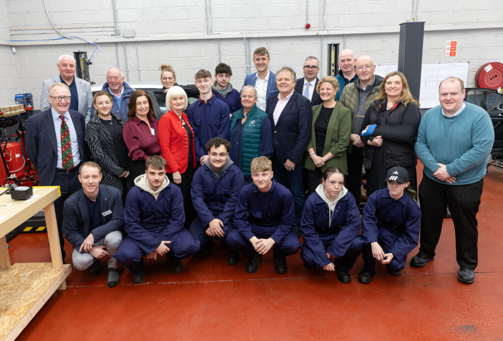 Group of attendees at the official opening of the new car-maintenance training facility at Sligo Community Training Centre, including learners, staff, Minister Marian Harkin, and local representatives.